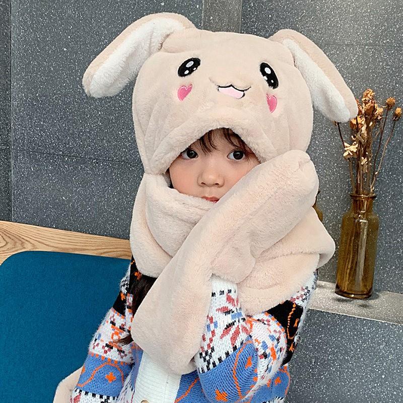 Warm Knitted Rabbit Ear Hat With Scarf Kids Women Winter Outdoor Wear Soft Fleece Lined Adjustable Hooded Beanie