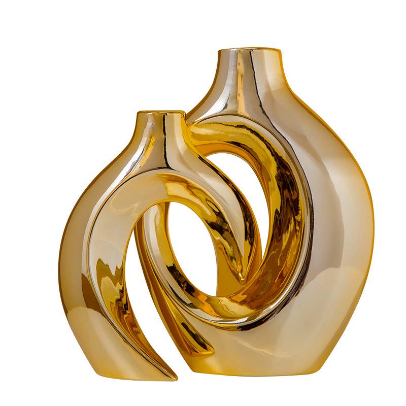 

2 шт. гальванизированная золотая керамическая ваза для домашнего декора, круглые матовые полые вазы для цветов в стиле бохо для украшения свадебного обеденного стола в гостиной