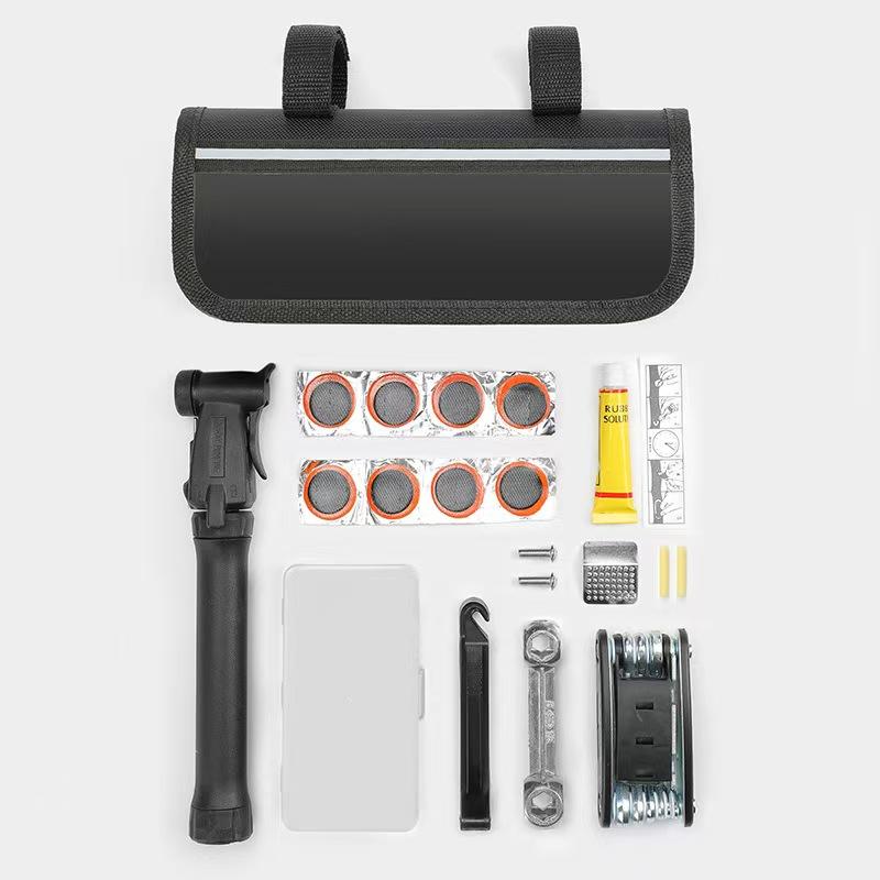 Portable Bicycle Repair Kit with Tire Patch Set, Mini Pump & Adjustable Wrench for Emergency Roadside Maintenance