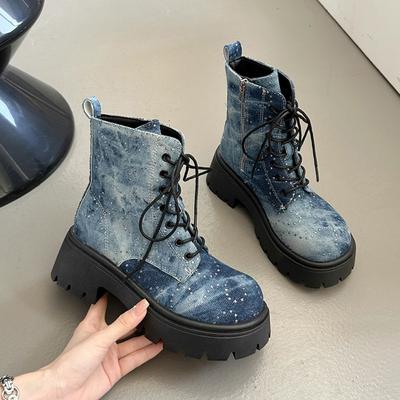 Bottines en jean à plateforme tendance pour femmes, talons épais en cristal, bottes courtes pour femmes, semelle épaisse, bottines de moto antidérapantes pour femmes