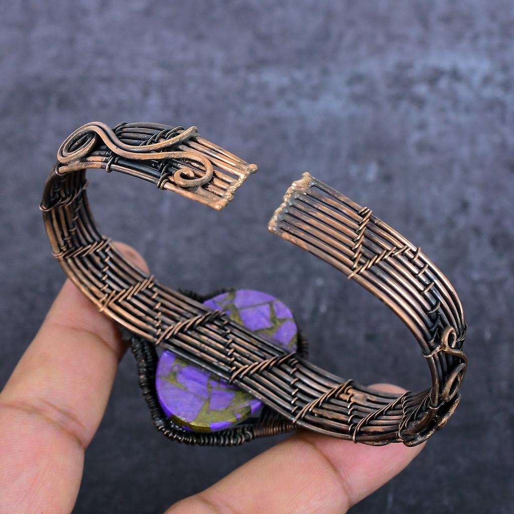 Copper Purple Turquoise Handmade Copper Wire Wrap Cuff Bangle Adjustable G5q01