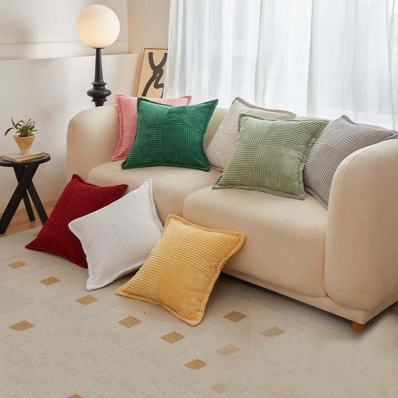 Modern Corduroy Patchwork Pillow Cover with Piping - Light Color Corn Stripe Design for Living Room Cushion