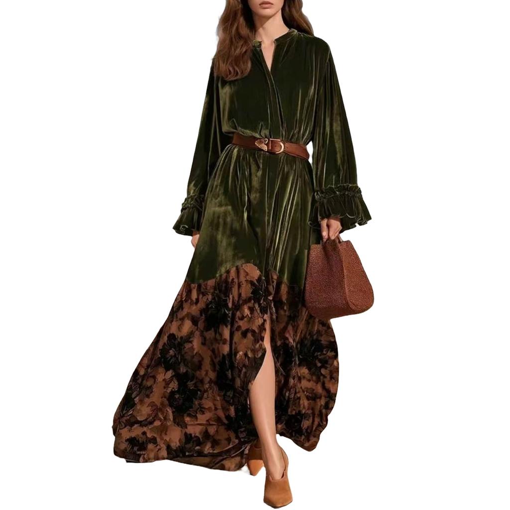Women's Bohemian Vintage Ruffle Sleeve Velvet Panel Printed Dress for Casual Party Wear
