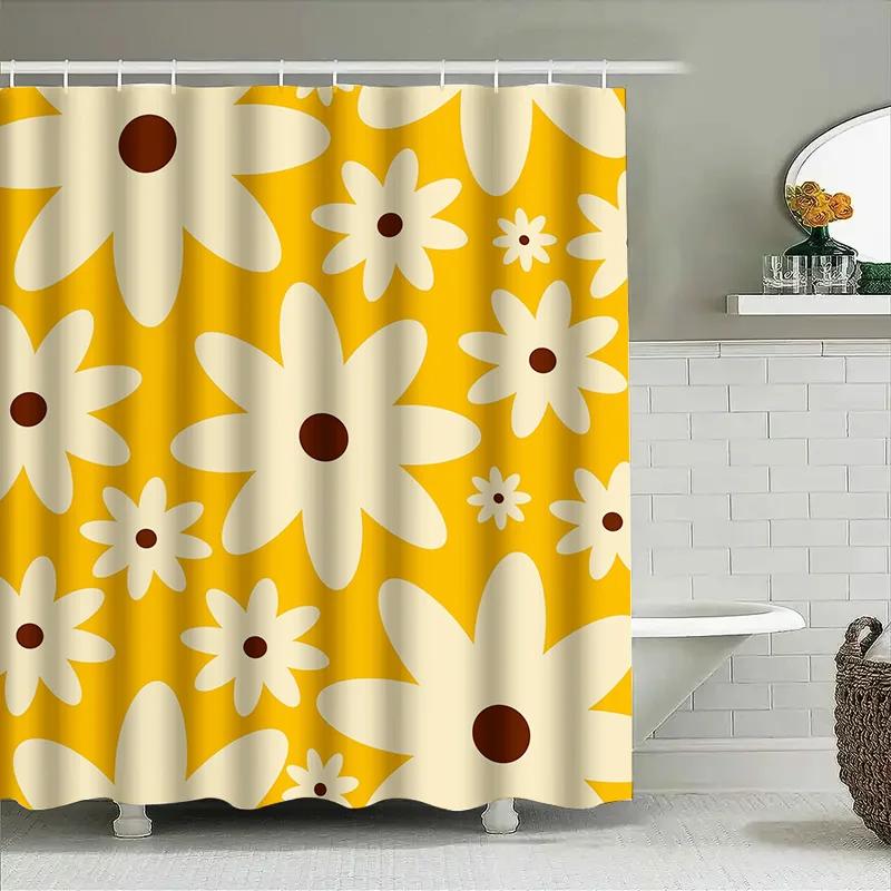 Modern Floral Shower Curtain Set Yellow White Water Repellent Fabric For Home Bath Decorations