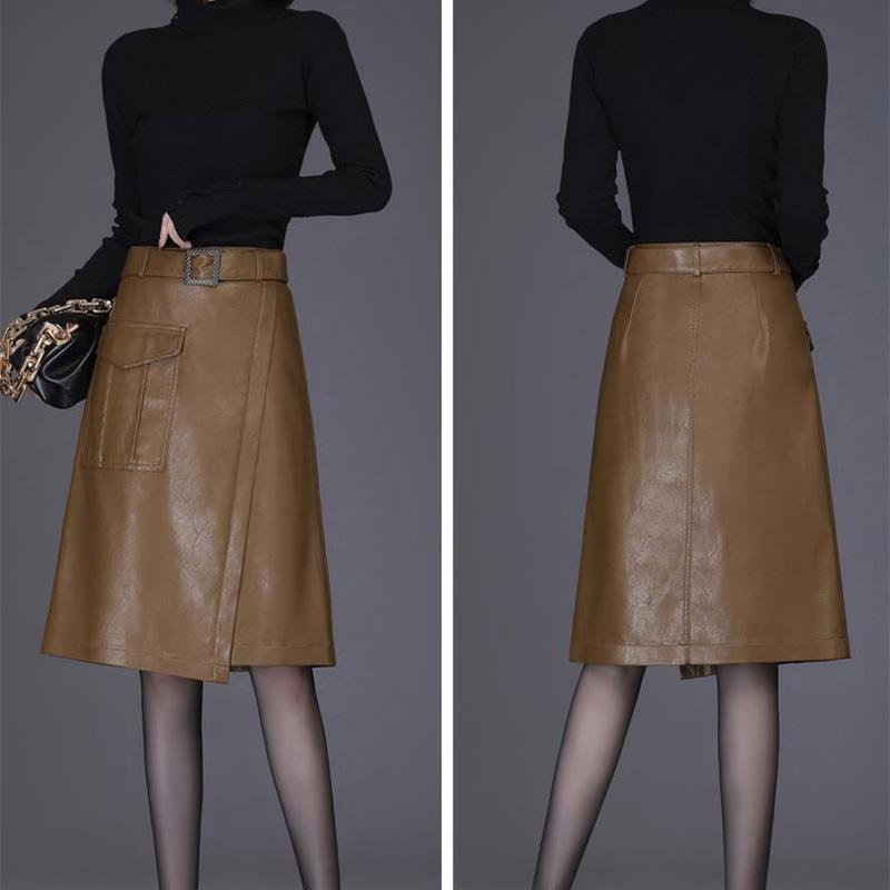 Autumn and Winter  PU Leather Skirt Female Half Skirt High Waist Skirt Medium Length Package Hip A-line Skirt