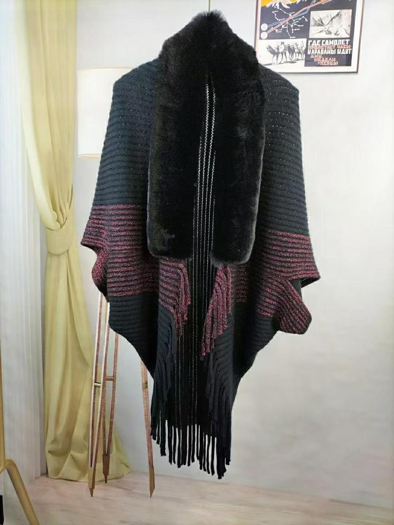 Autumn & Winter High-End Knit Cardigan: Color-Blocked Cloak Shawl with Large Fur Collar & Tassels, Korean Style Outerwear.