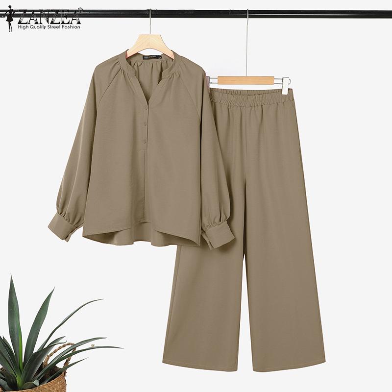 ZANZEA Bluzka z długim rękawem i spodnie damskie, casualowe dwuczęściowe zestawy garniturowe