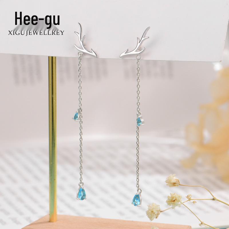 Higu S925 Silver Reindeer Antler Tassel Earrings: Christmas Dangle Studs for Women, Mori Style