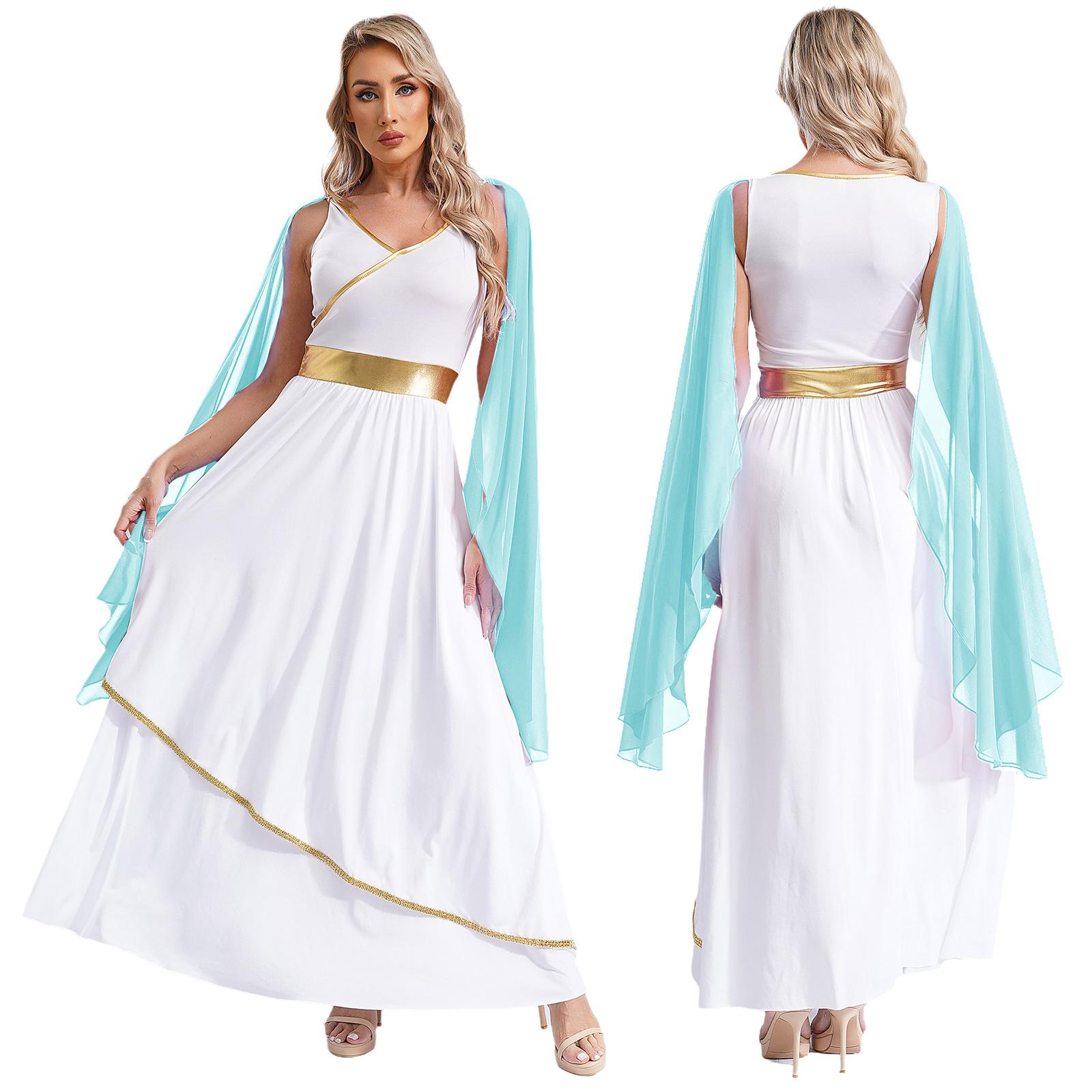 Costumes de Déesses Toge Grecque Antique pour Femmes Fête Halloween Col V Sans Manches Bordures Dorées Toge Grèce Romaine Reine Robe Cosplay M