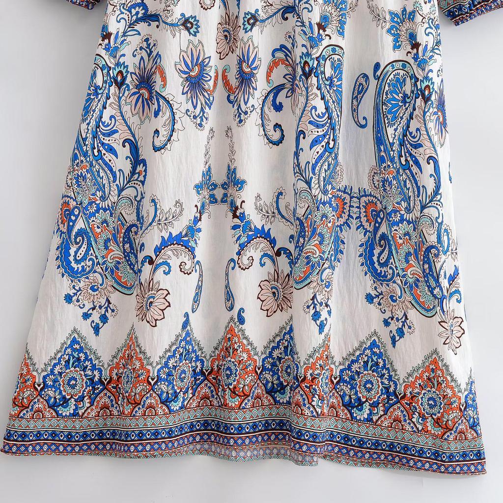 Bohemian Loose Dress with Bamboo Knot Linen Print and Tassels - 2026 Spring Collection