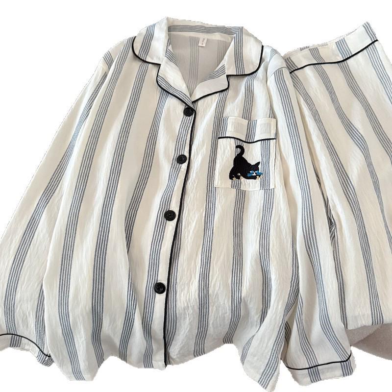 Women's Cotton Cartoon Striped Pajama Set: Long Sleeve & Pants for Spring/Autumn, Wearable Indoors/Outdoors