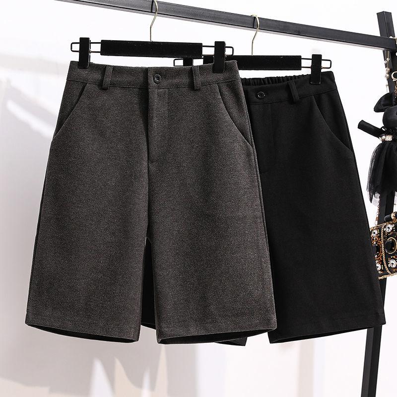 

Women s Autumn Winter Solid Color High Waist Button Pockets Woolen Loose Elasticized Straight Casual All-match Wide Leg Shorts S сірий колір
