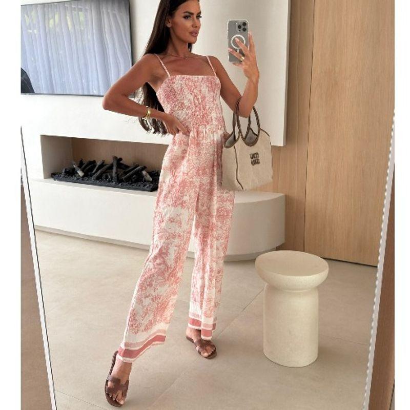 European and American New Print off-the-Shoulder Collar Waist Hugging Pocket Fashion Grab Sling Jumpsuit Cropped Pants Jumpsuits