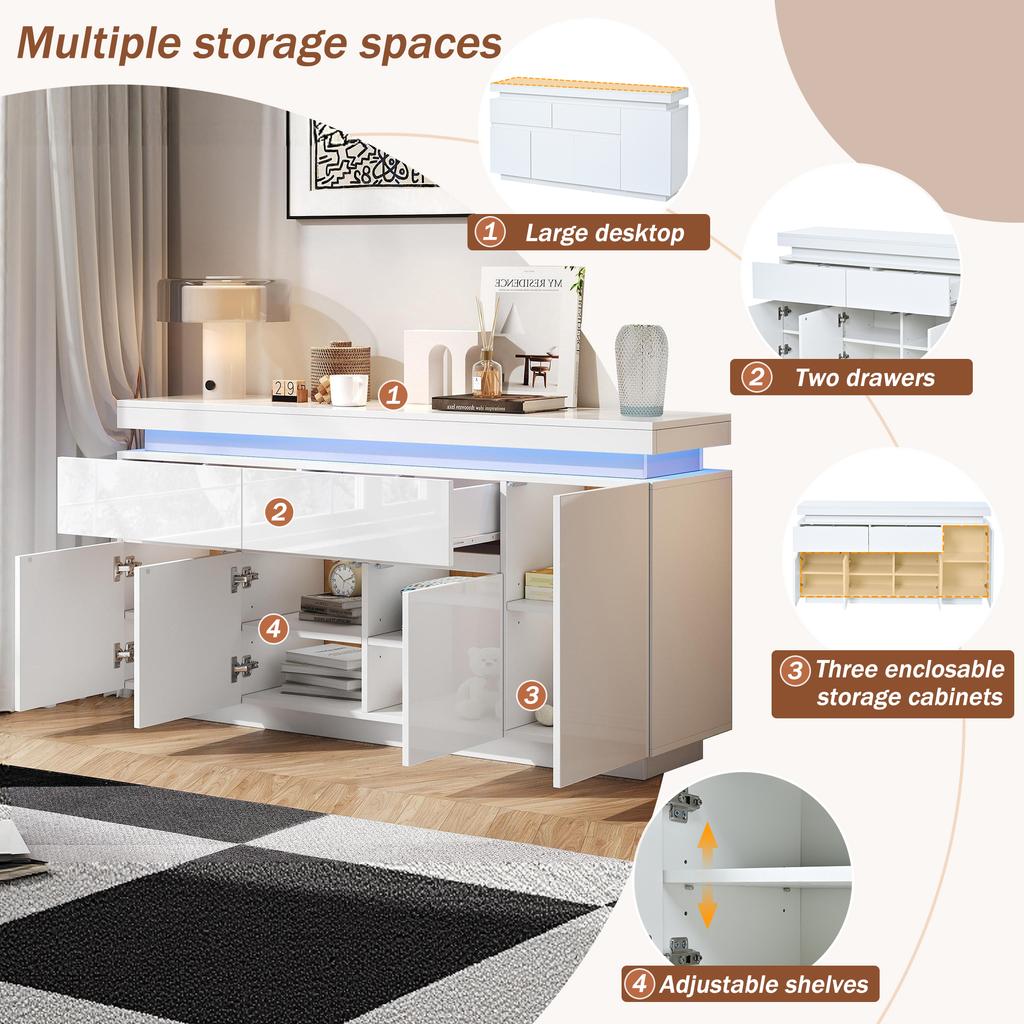 140 x 35 x 72,5 cm Mobile Soggiorno, Credenza, Buffet, Mobile Laterale con 2 Cassetti, Finitura Lucida, Armadietto con 4 Ante, LED, Bianco