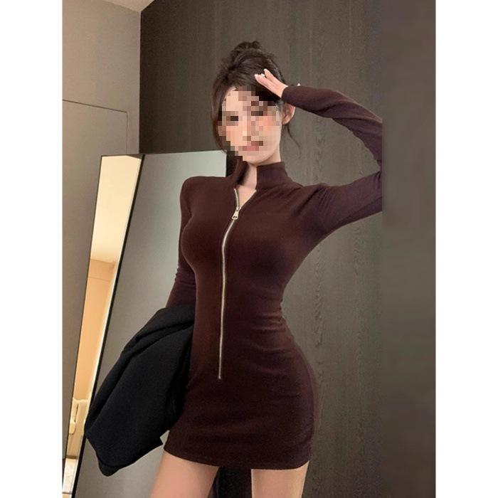 Elegant Solid Color Bodycon Zipper Dress for Women - Autumn/Winter Slimming Short Skirt