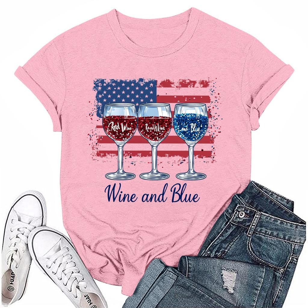 Women's Round Neck Casual Independence Day Printed Short Sleeve T-Shirt Top