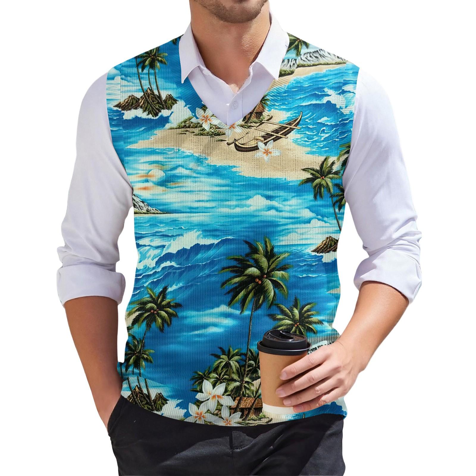 

Чоловічий модний в язаний пуловер без рукавів з V-подібним вирізом та принтом XXL синій