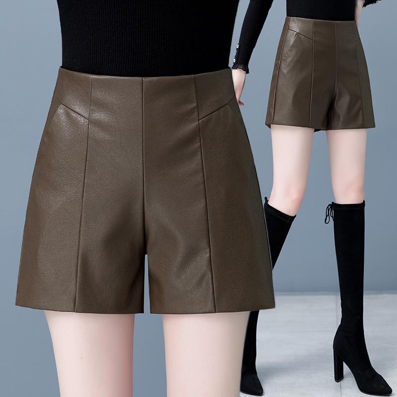 New Women's High-Waist Leather Bootcut Shorts - 2025 Autumn/Winter Sheepskin Outerwear
