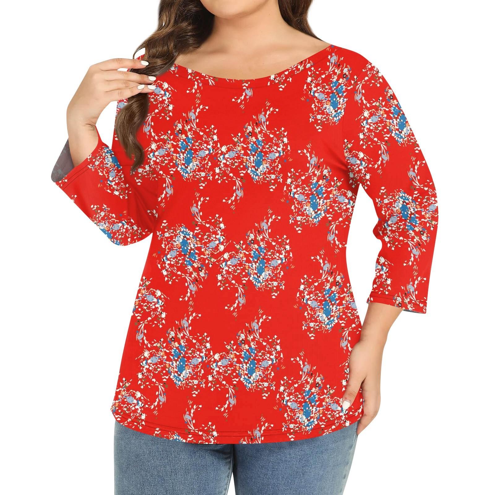 

Женский однотонный топ больших размеров с круглым вырезом и рукавами 3/4 XL красный