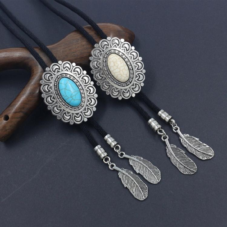 Bolo Tie for Men and Women Western Fashion Accessory with Metal Flower Turquoises Stone Accent Braided Necktie Necklace