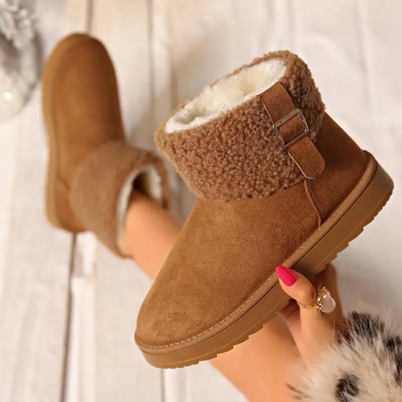 Fashion Faux Fur Non Slip Snow Boots Women 2025 Winter Round Toe Thick Bottom Ankle Boots Brown Warm Short Plush Cotton Booties
