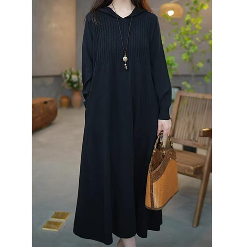 

Большой размер длинное модное универсальное трикотажное платье-свитер до колена с капюшоном осень-зима новый высококлассный свитер, делающий моложе, женский One size чёрный