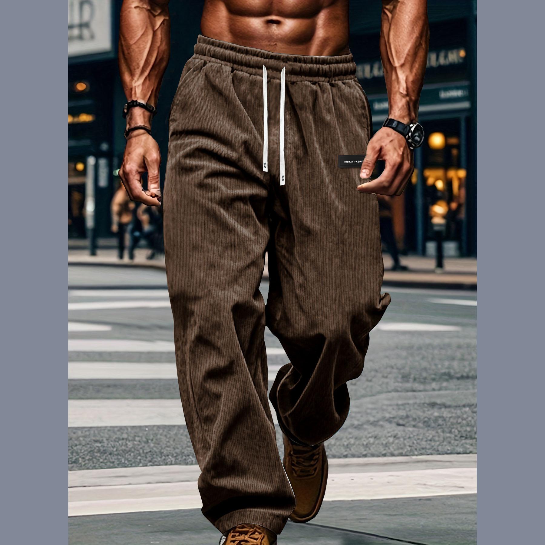 

Высококачественные полосатые вельветовые мужские повседневные брюки Осень Зима Свободные модные брюки карго Прямые брюки для фитнеса и спорта Хип-хоп брюки L коричневый