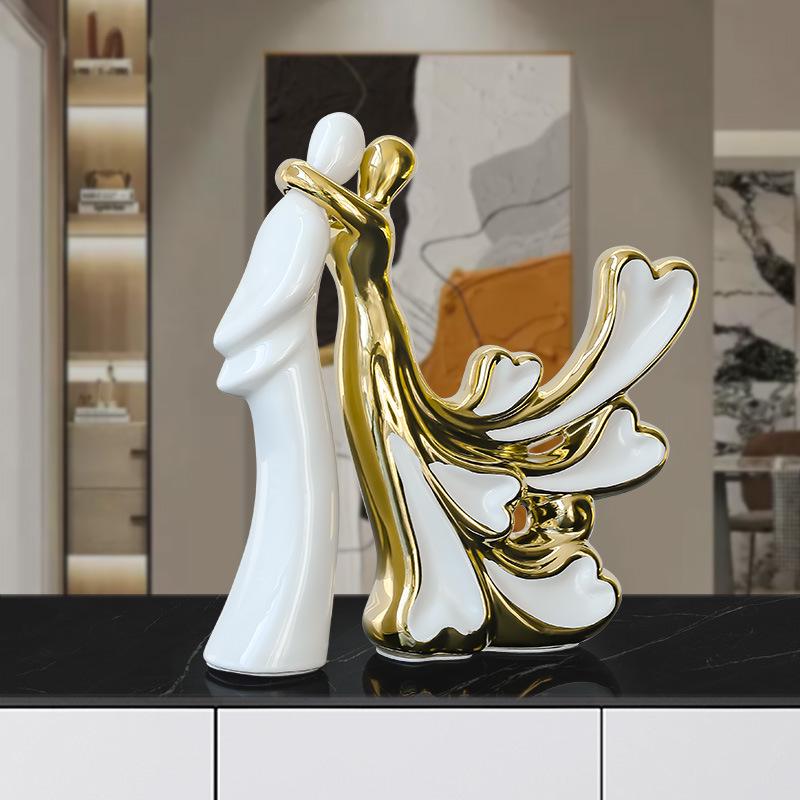 European Light Luxury White Gold Ceramic Couple Figurines for Living Room and Wine Cabinet Decor