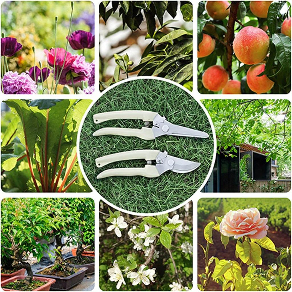 2Pcs Garden Shears - Straight & Bypass Pruning Scissors with White Handles, Non-Slip Grip & Durable Construction for Flowers, Plants, Bonsai, Fruits