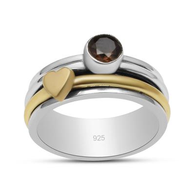Smoky Quartz Solid 925 Sterling Silver with Brass Hearts And Fidget Bands, Promise Spinning Band Ring For Women and Girls