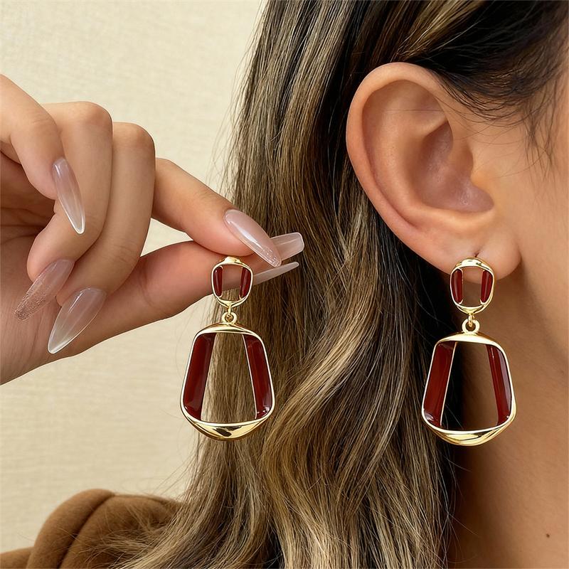 Long Uneven Trapezoid Pendants Women's Hanging Earrings White Wine Red Enamel Geometric Statement Dangle Earrings Unsual Earring