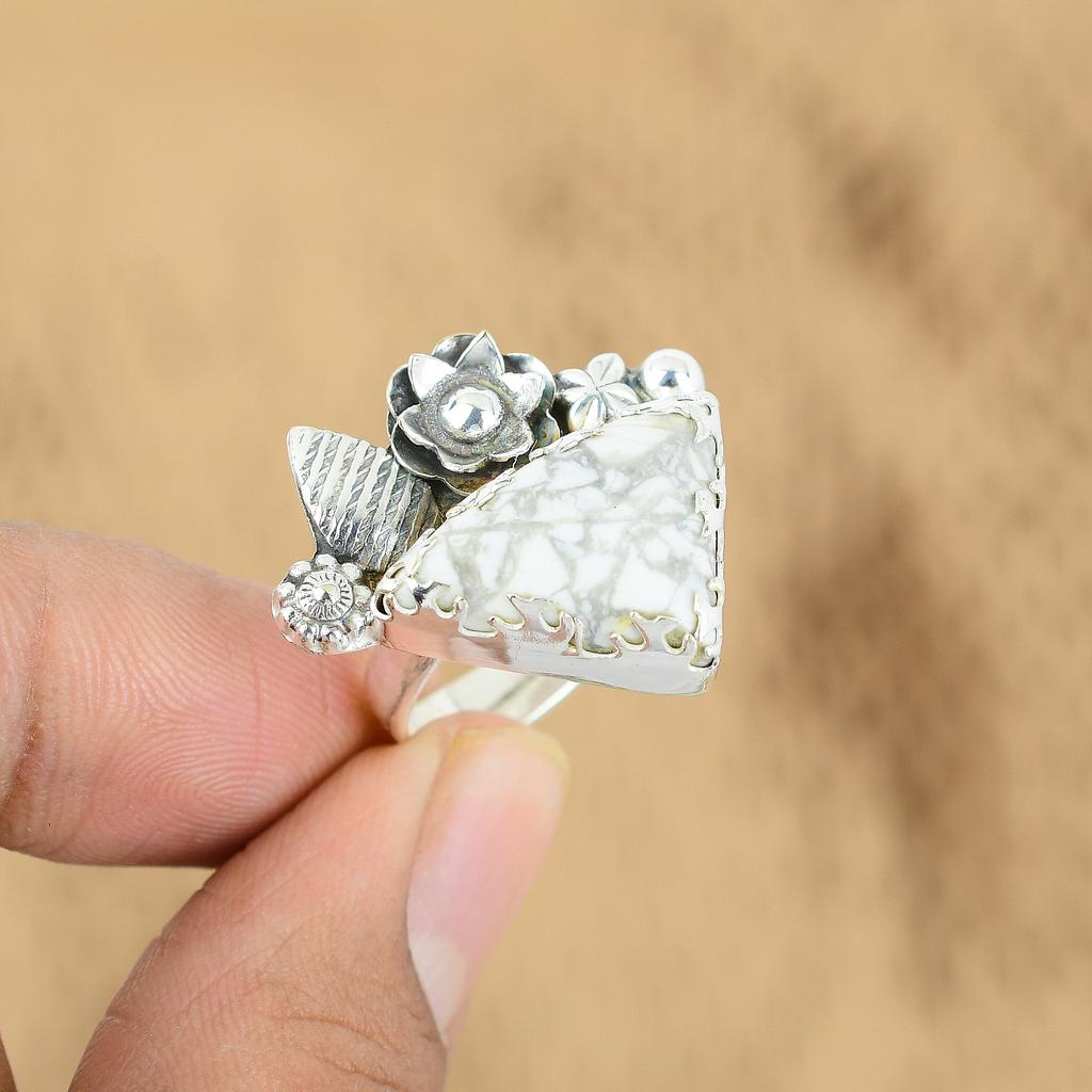 Mothers day Sale Howlite Gemstone Unique Promise Flower Ring 925 Sterling Silver