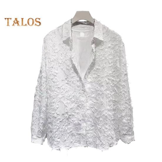 

Мужская рубашка с длинным рукавом, однотонная, пушистая, с кисточками, кардиган на пуговицах, средней длины, обычная посадка, уличная, клубная рубашка для повседневной носки, вечеринок, путешествий L