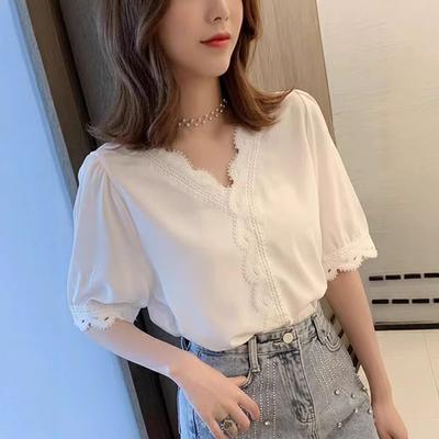 Bayan Gömlek Rahat ve Çok Yönlü Üstler Şık Beyaz Şifon Gömlek Kısa Kollu Moda Süper Peri Dantel Gömlek Mizaç Zarif Moda Üst