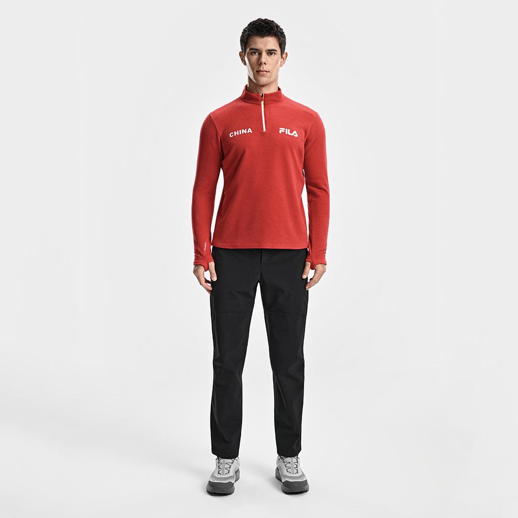 Fila Explore Minimalist Personality Sports Training Outdoor Mountain Comfortable Ribbed Fleece Long Sleeve T-Shirt Men Tops Hot-Red A11M617214FRD