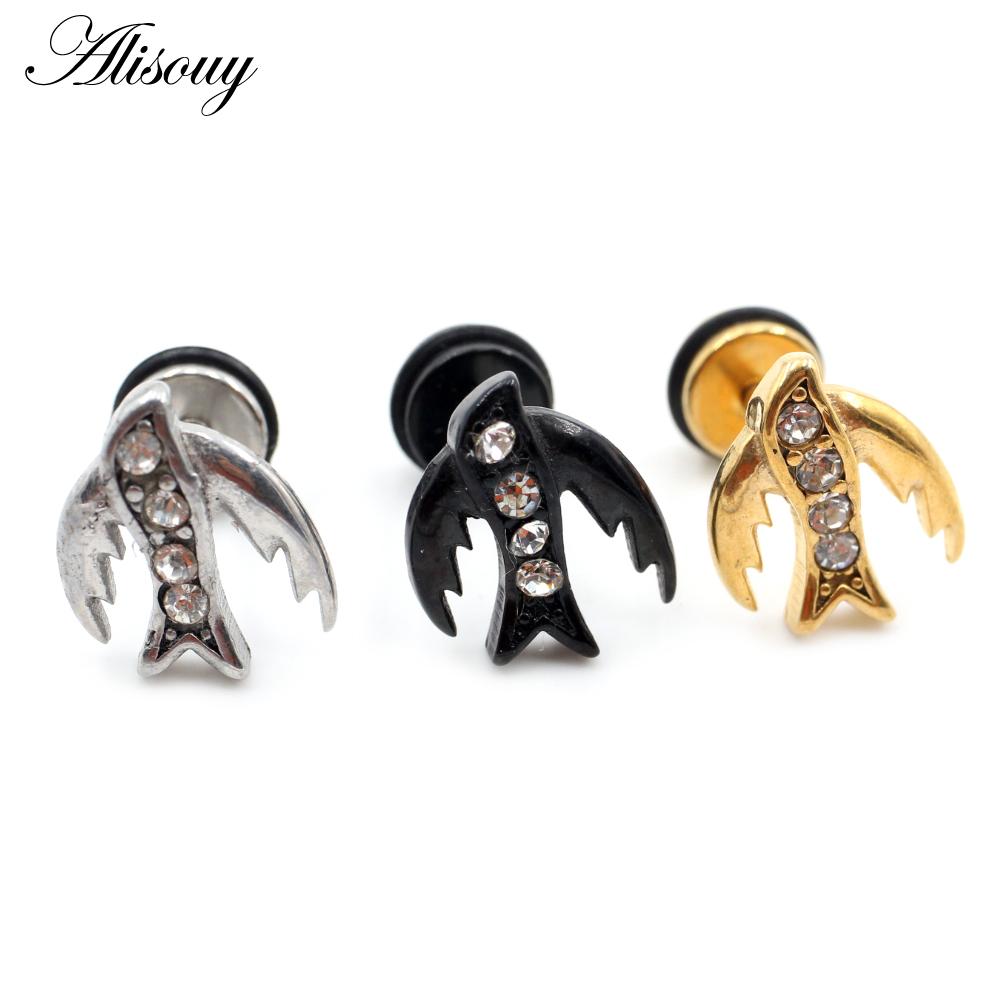Alisouy 2pcs Stainless Steel Dolphin Lizard Sun Moon Cross CZ Women Men Ear Stud Earring Tragus Helix Cartilage Piercing Jewelry