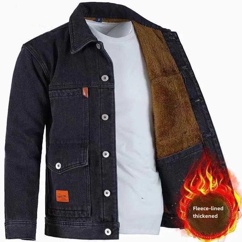 Men's Denim and Velvet Thickened Windproof Winter Coat, Warm and Wear-Resistant, Large Sizes Available