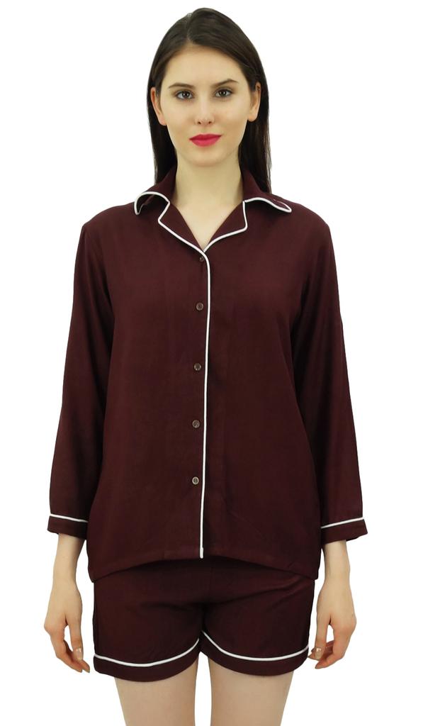 Bimba Button-Down Shirt With Elastic Waist Shorts 2 Pcs Full Sleeve Night Wear