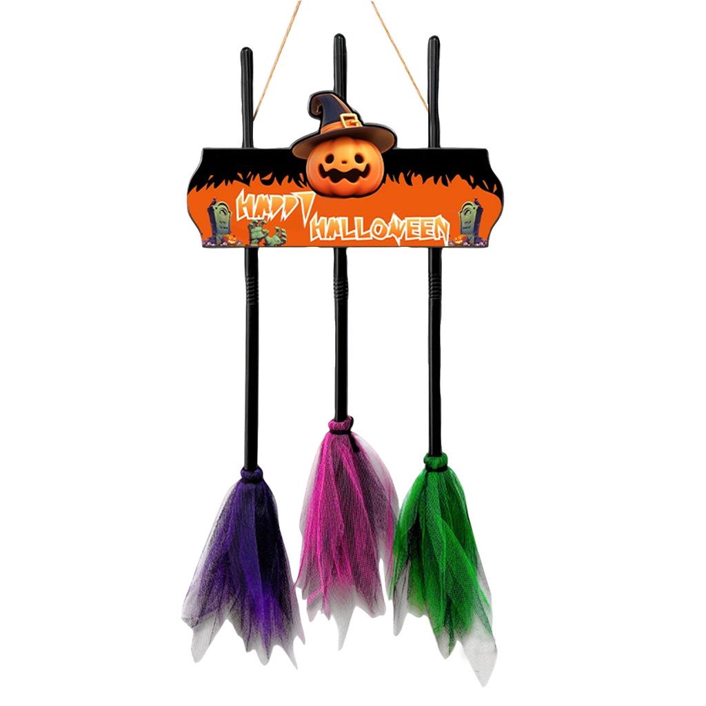 Wooden Halloween Door Hanger Decoration Set with 3 Brooms (Thickness 5)