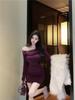 Lace Patchwork Off-Shoulder Long Sleeve Dress for Women Slim Fit Pure Temptation Bodycon Mini Skirt Purple Waist Cinched Tight Dress