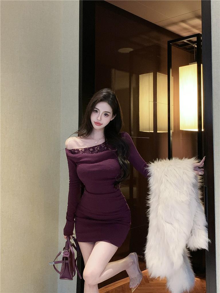 Lace Patchwork Off-Shoulder Long Sleeve Dress for Women Slim Fit Pure Temptation Bodycon Mini Skirt Purple Waist Cinched Tight Dress