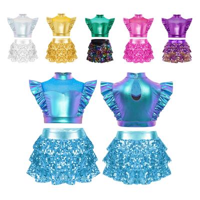 Girls Jazz Performance Wear Mock Neck Rhinestone Mesh Sleeveless Crop Top Metallic Ruffle Culottes Set