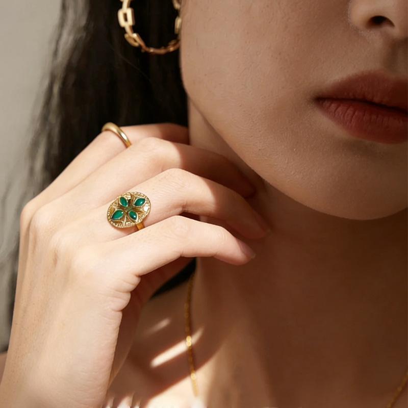 European and American Oval Emerald Open Titanium Steel Ring for Women, Versatile Fashionable French