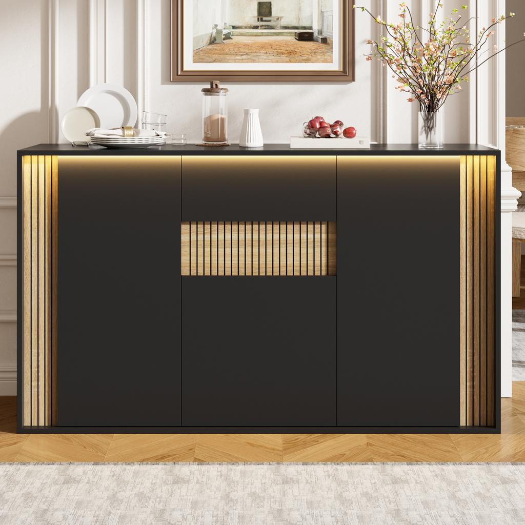 Sideboard/chest of Drawers, with 3 Doors, 1 Drawer and Adjustable LED Lighting – In Black with Natural Wood Grain, 140×40×82cm