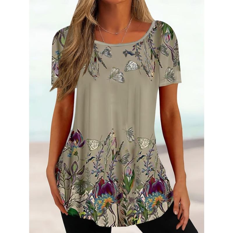 Women s casual short-sleeved T-shirt - bright butterfly floral print, lightweight S