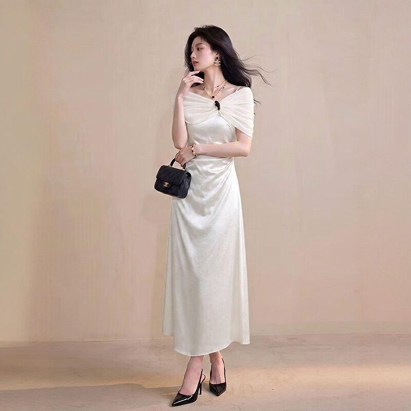 [Spot] French design off-the-shoulder free shawl satin dress summer waist high-end dress fishtail dress