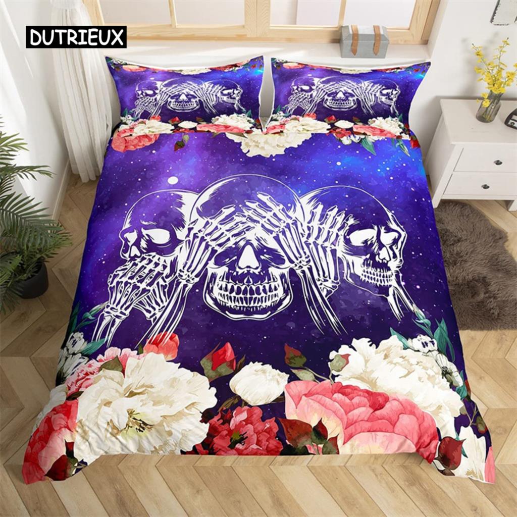 Skull Duvet Cover Set Queen Black Skeleton Paisley Floral Pattern Bedding Set for Teen Adult Polyester Halloween Comforter Cover