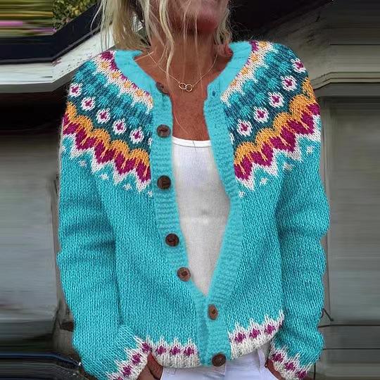 Women's Pink V-Neck Knit Cardigan with Jacquard Floral Pattern