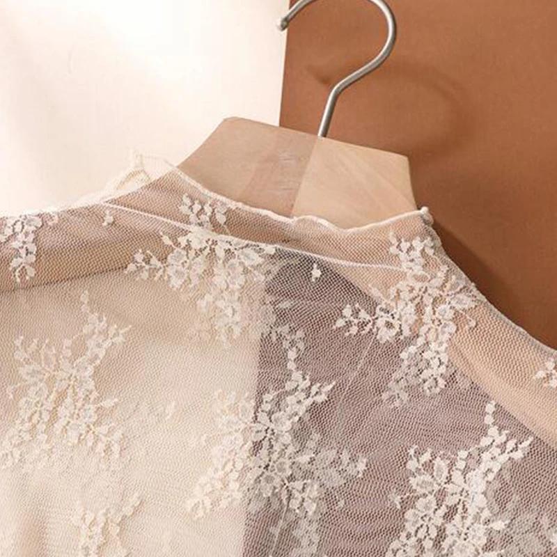 Spring and Autumn Women Floral Lace Shirt  Long Sleeve Sexy Mesh Bottoming Shirts Mock Neck Blouse T-Shirt Pullover Top