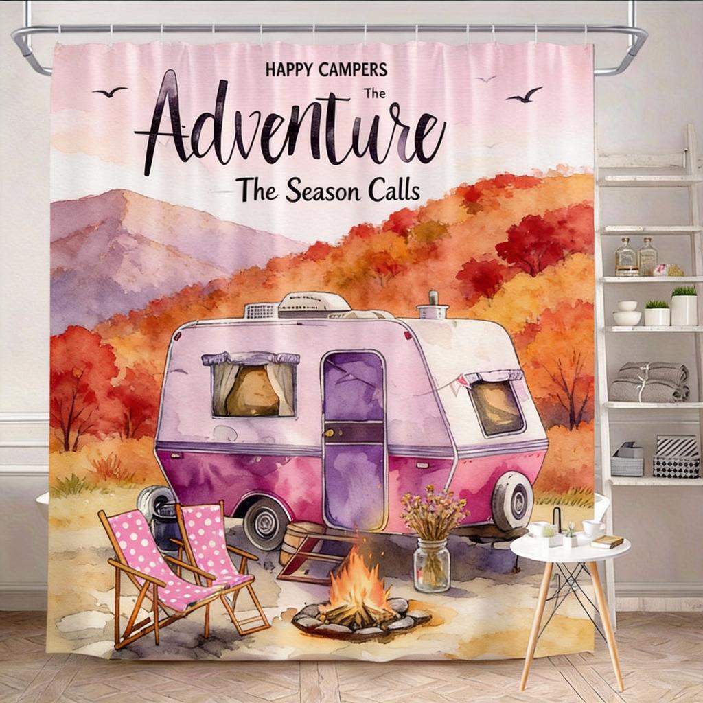 Vintage Camper Shower Curtain 180x180cm – Happy Campers, Machine Washable, 12 Hooks Bath decorative shower curtain